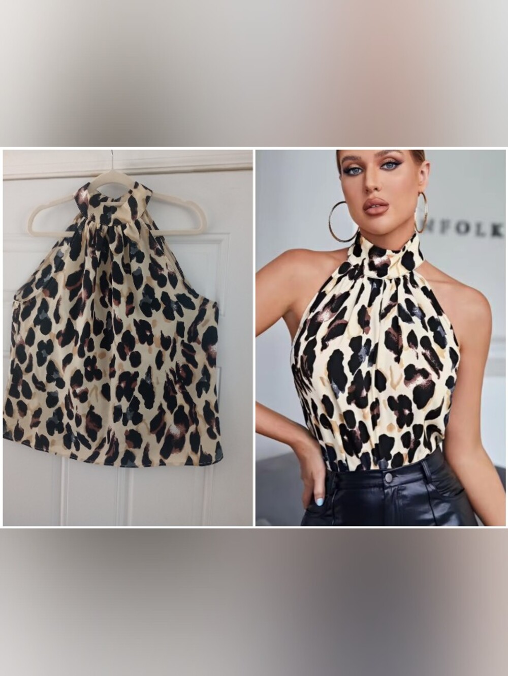 Leopard Print High Neck Halter Top Neckline Button Closure Large
